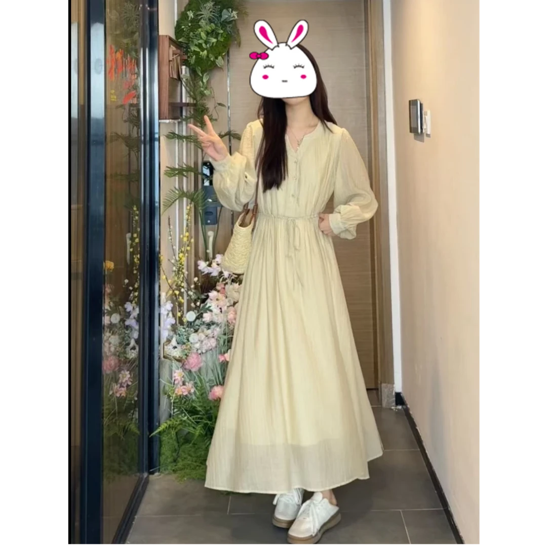 【温柔的神】早春森系超温柔长袖系带减龄收腰显瘦气质长款连衣裙
