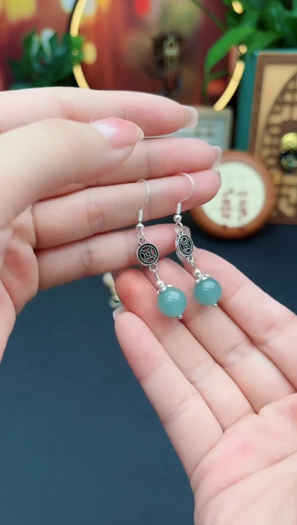 石英质玉（天山翠）银S925镶嵌耳饰716000