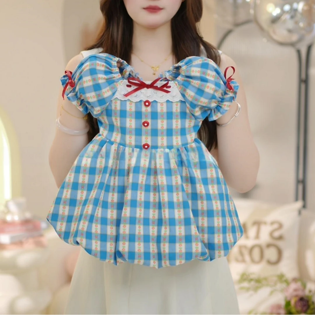 女童夏季格子法式原创设计连衣裙收腰公主裙小清新女宝宝裙子洋气
