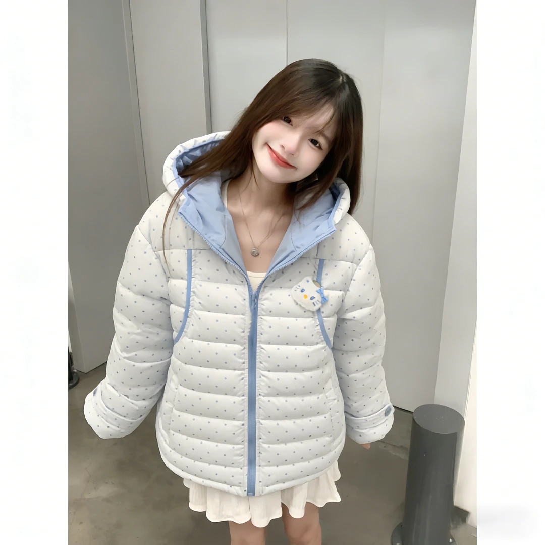 甜美波点排骨连帽棉服外套女2025冬季新款小清新别致撞色棉衣棉袄