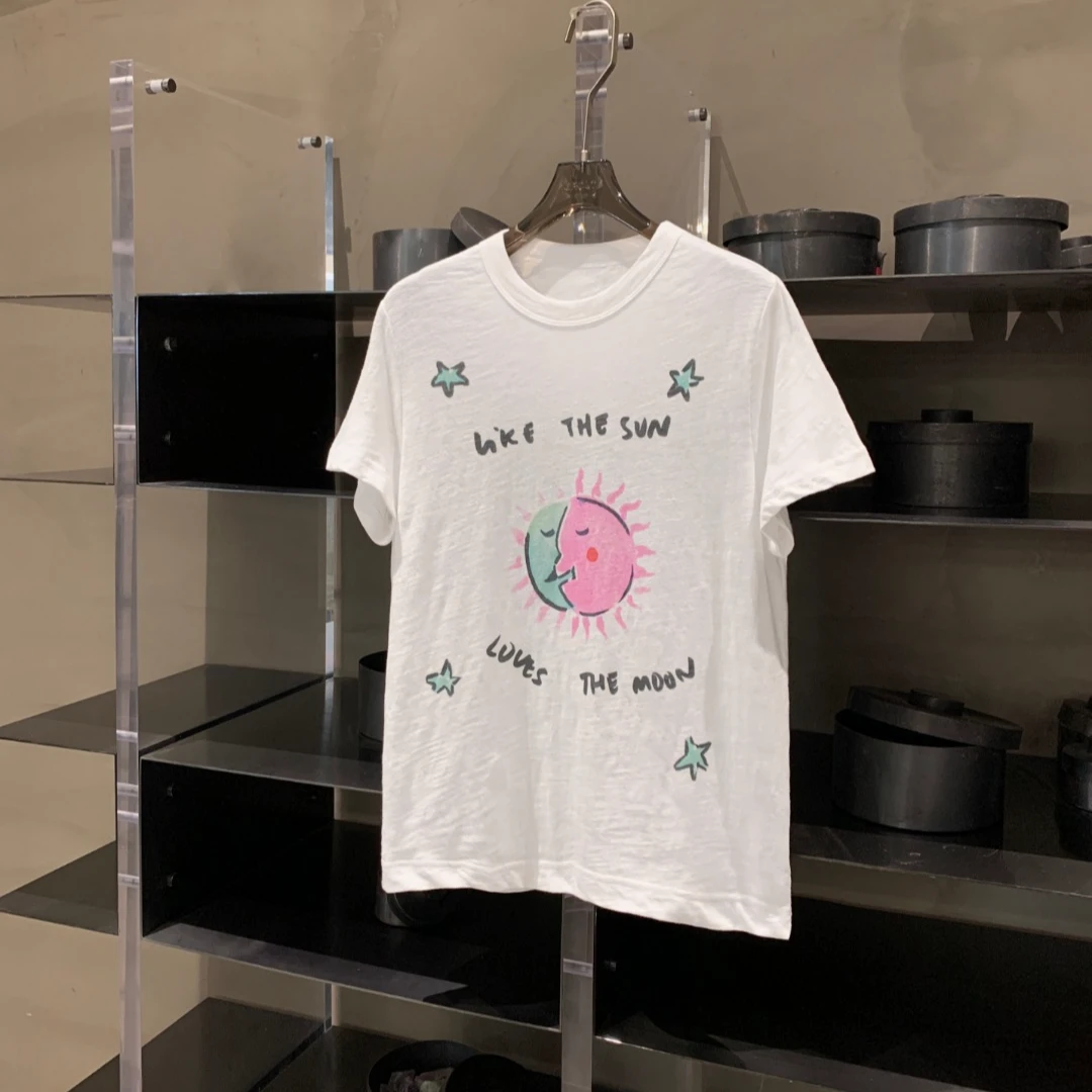 休闲卡通太阳月亮字母印花圆领短袖T恤女 T8321