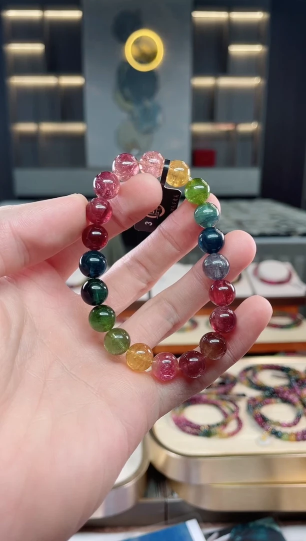 未镶嵌冰透体老矿碧玺彩虹单圈手串9mm+碧玺多样性发一条xion