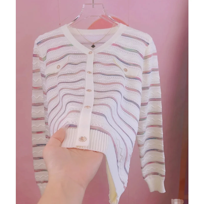 小香风V领时尚提花薄款毛针织衫针织衫长袖春秋百搭V领条纹L