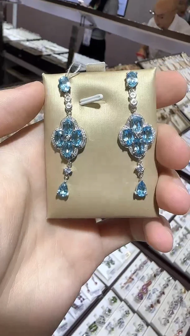银S925镶嵌托帕石耳饰四叶花耳坠