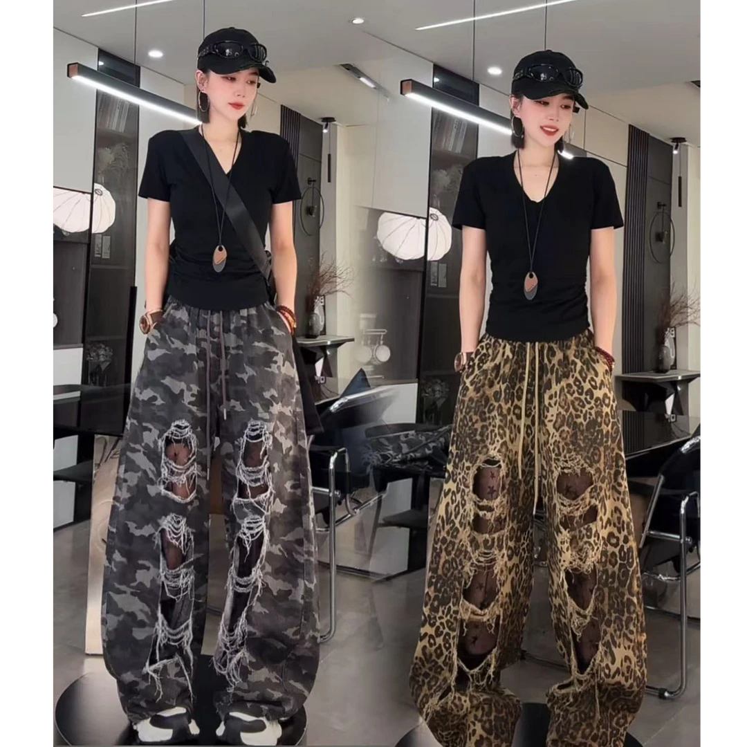 【琳琳原创】5857#夏季原创精品豹纹蕾丝破洞弯刀裤休闲裤女