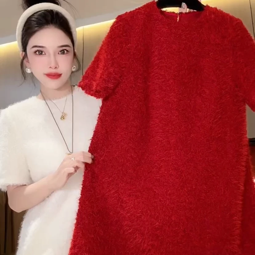 奢华贵气高级感时尚T恤女新款短袖圆领毛绒宽松小衫