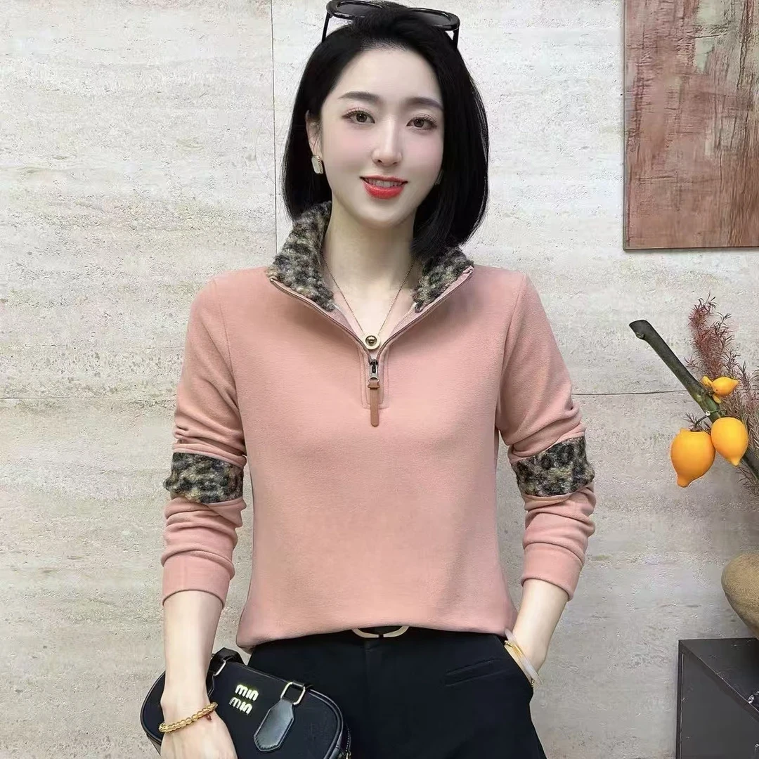 2025新款保暖长袖女套头款拉链冬季打底衫豹纹拼接翻领女装上衣