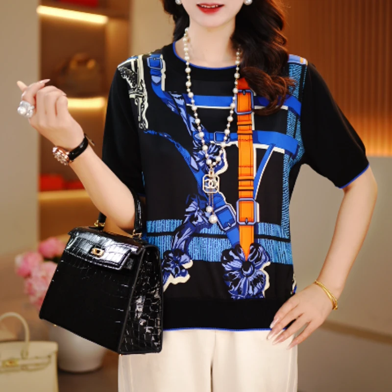 2025新品桑蚕丝字母印花休闲圆领时尚通勤女士打底短袖-331