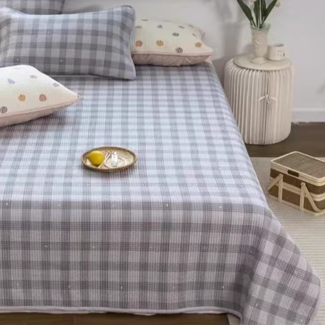 【微瑕】星星格子-浅灰水洗棉绗缝双人床盖2*2.3m