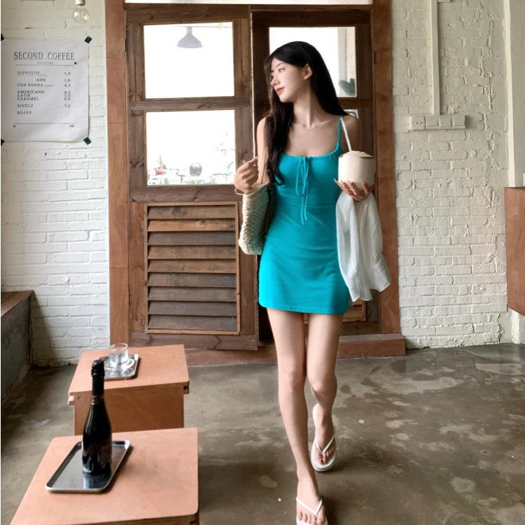 蓝色抽绳系带吊带连衣裙紧身显瘦包臀裙女夏季2025新款辣妹短裙子