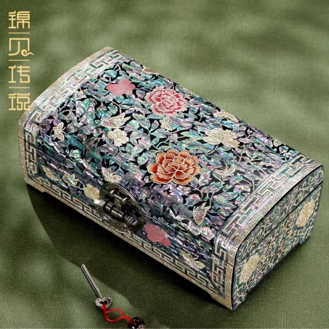 锦贝传说典藏【蝶戏牡丹大翻盖】螺钿漆器带锁珠宝盒带锁