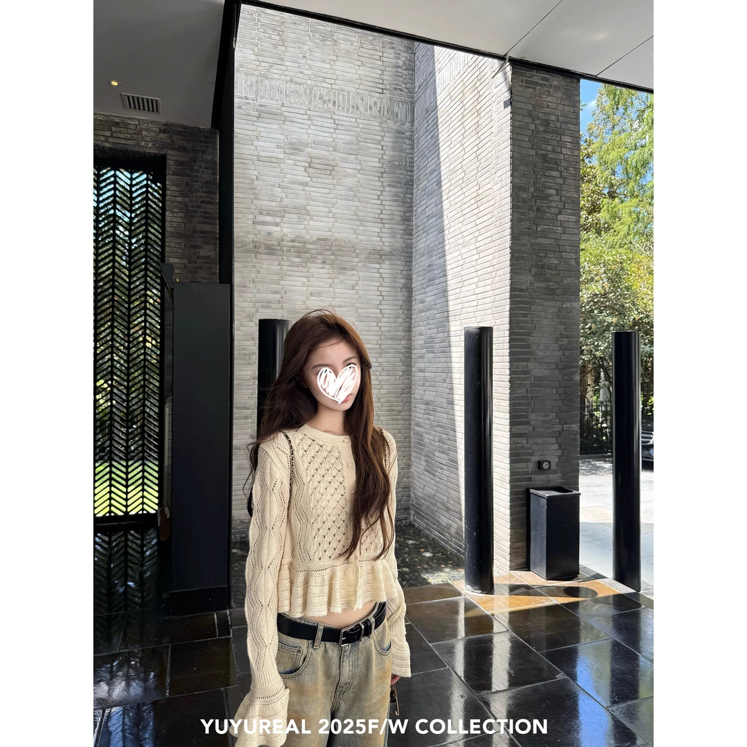 毛针织衫女2025秋季法式开衫上衣镂空钩花荷叶边小众长袖短款毛衣