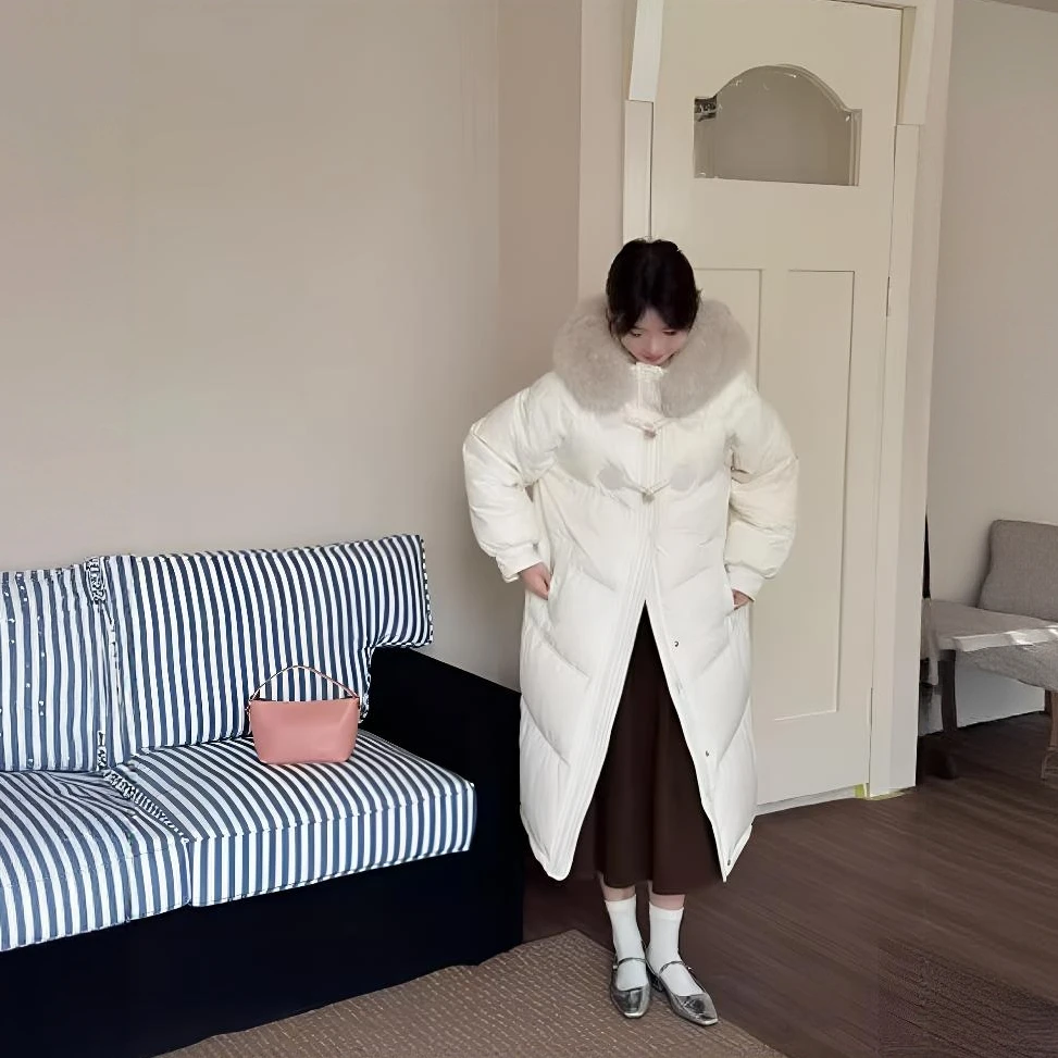 毛领棉服ins女中长款2025新款过膝牛角扣设计感时尚加厚冬季外套