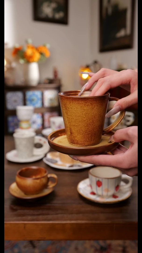 陶瓷便携款粗陶咖啡杯碟一套 手作