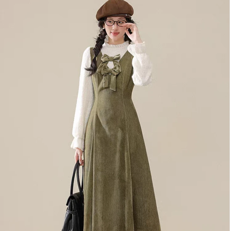 （80-200斤）大码胖妹妹冬季新款复古绿色连衣裙女法式A字裙2050