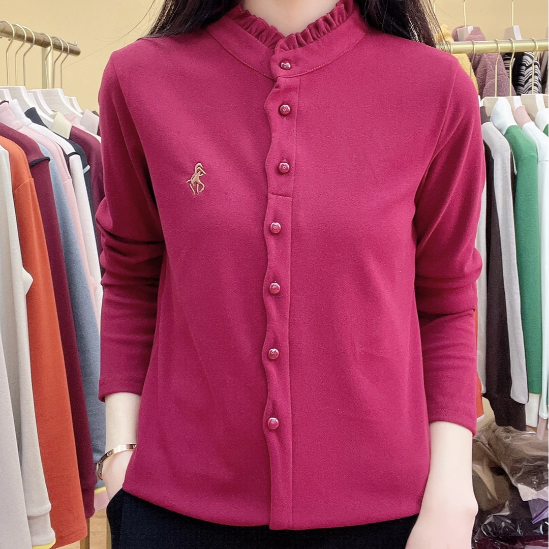 妈妈装早春荷叶边新款纯色洋气时尚百搭打底衫上衣女