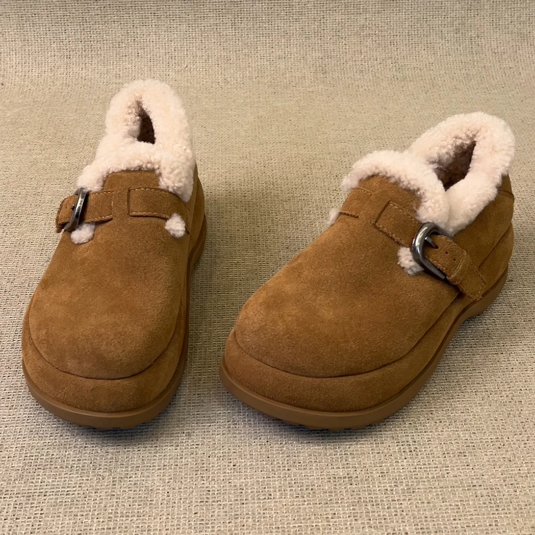 RubyL/4.5cm秋冬保暖简约通勤舒适百搭皮带扣圆头厚底毛毛鞋女款