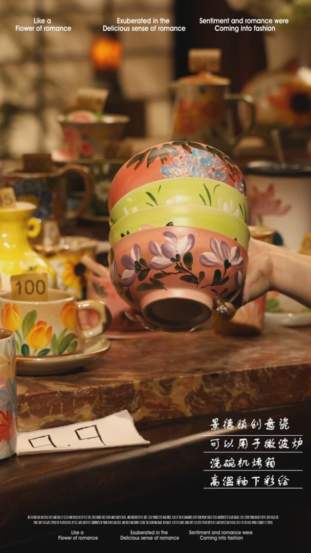 陶瓷四件套景德镇高温手绘釉下彩设计师款式
