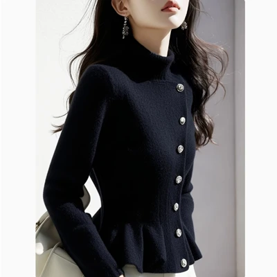 高级感超好看黑色女款2024新款冬季奶fufu慵懒设计感针织上衣