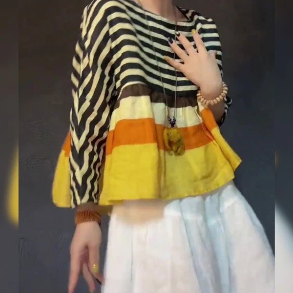 彩色条纹撞色圆领小衫2025年秋季女装时尚气质慵懒风宽松短款上衣