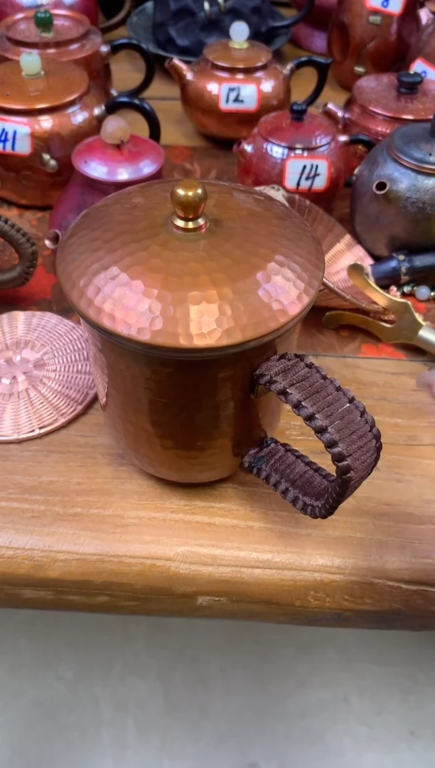 紫铜带盖双层茶缸子