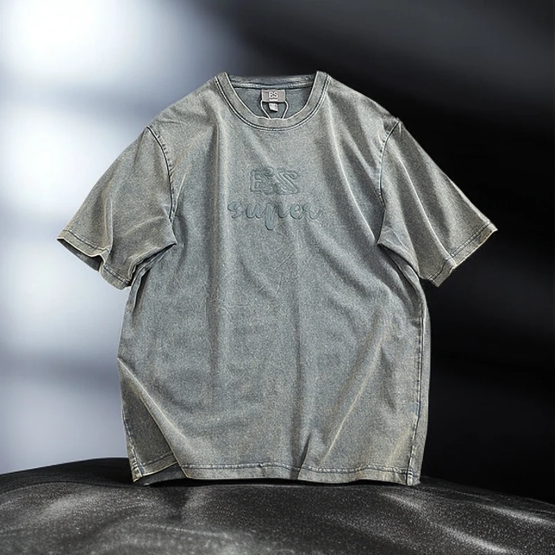 重磅纯棉重工水洗做旧T恤男宽松圆领vintage美式复古宽松落肩短袖