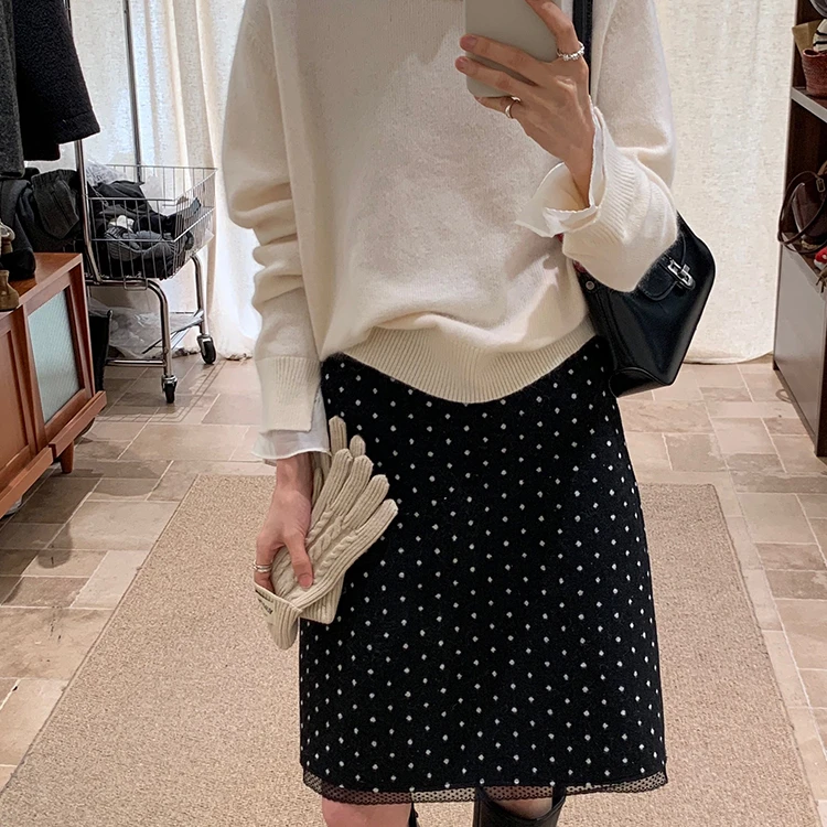 黑色毛呢波点蕾丝拼接中长裙女秋冬新款高腰遮胯显瘦加绒半身裙