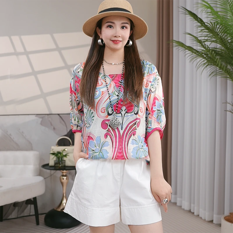 2025夏季新款设计感个性印花遮肉显瘦上衣女时尚百搭花色洋气小衫