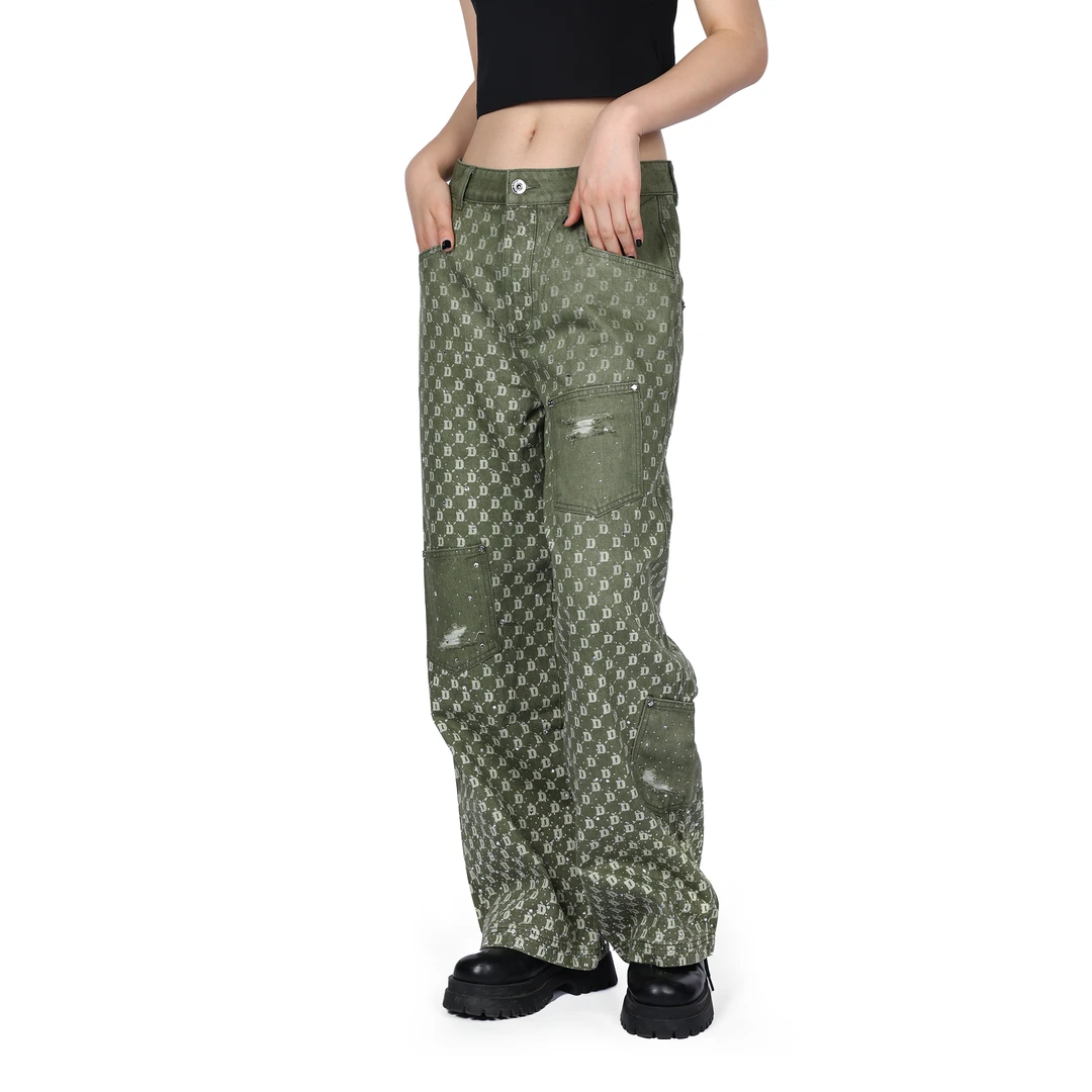 D.Desirable 绿色不规则口袋渐变满钻牛仔裤