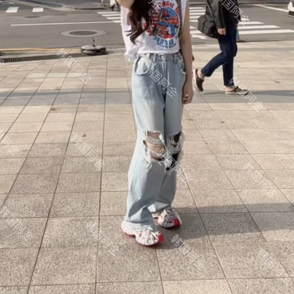 【韩国东大门代购】~N0退~itz 前后手工磨破调节 直筒裤