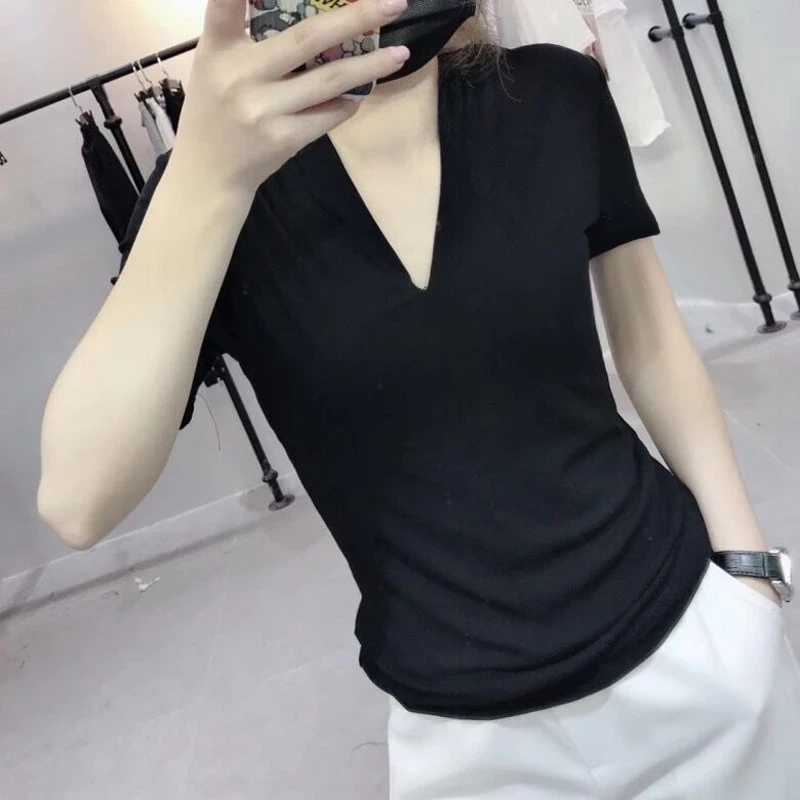 透气短袖t恤女欧洲站春夏新款V领欧货洋气弹力打底衫阔腿裤