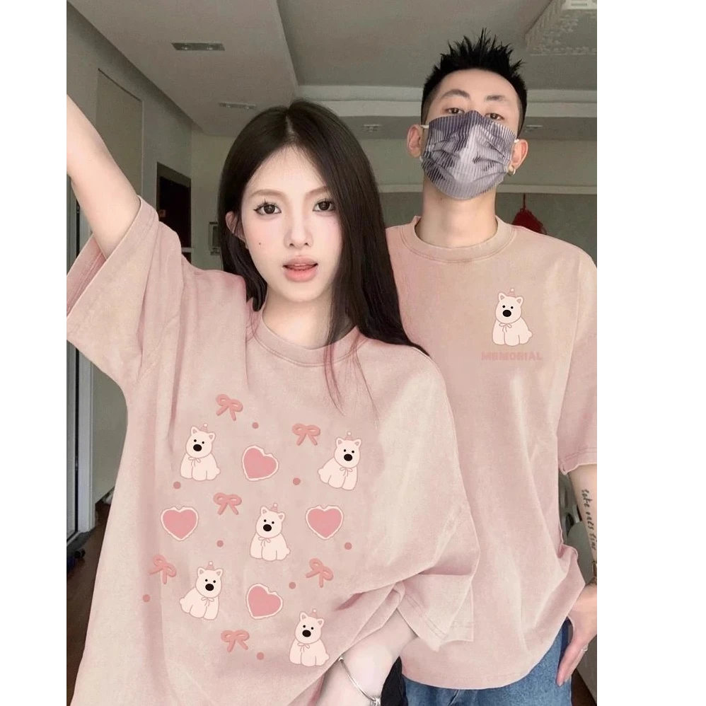 2-300斤大码情侣装夏装2025新款卡通印花高级特别的纯棉女装短袖