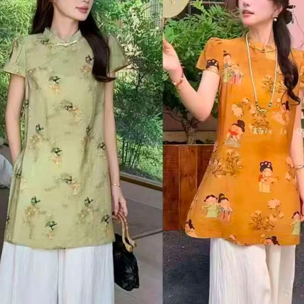 2025新中式复古盘扣改良夏季女性时尚休闲阔腿裤旗袍