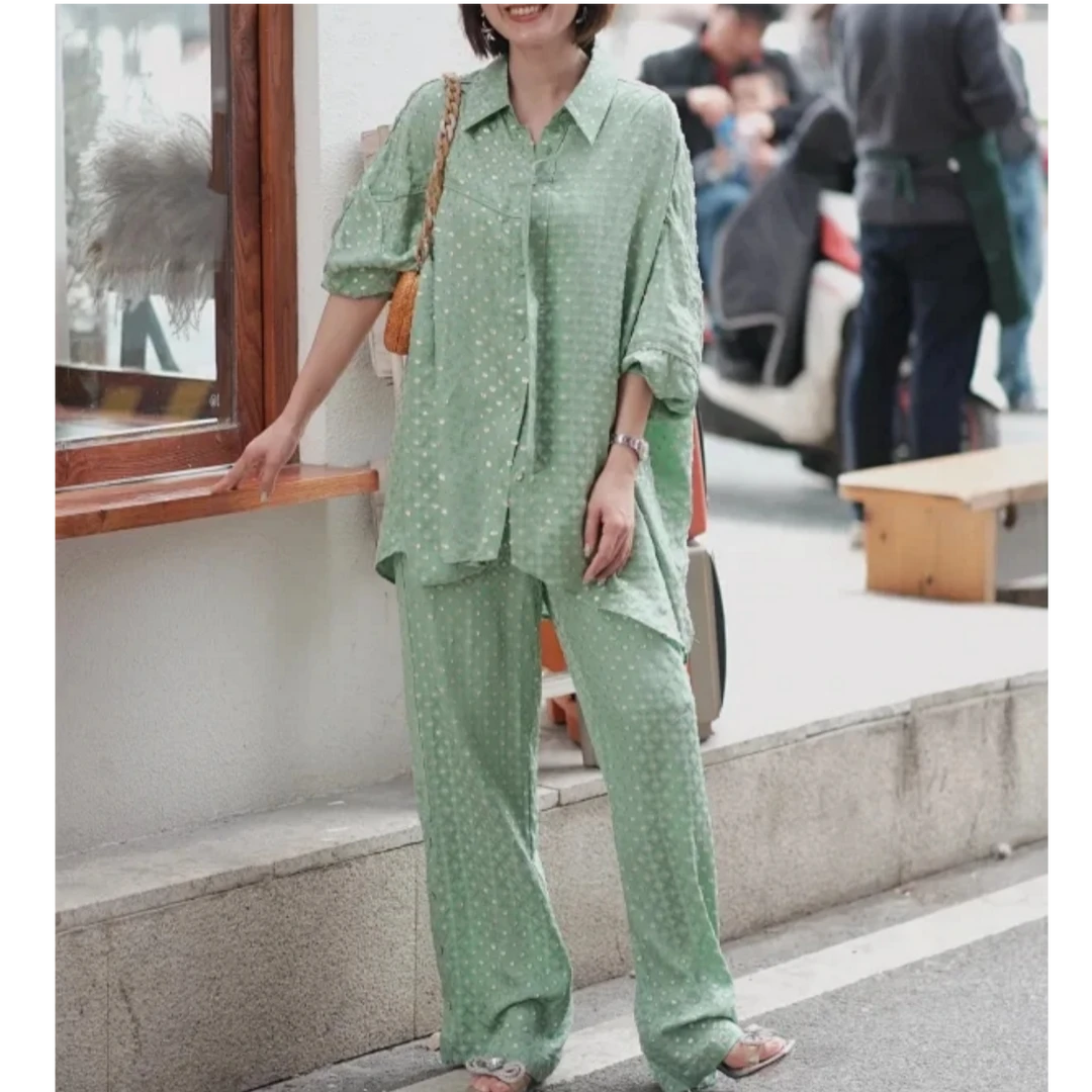 【刘家】烫金金竹图样装饰 衬衫+裤子