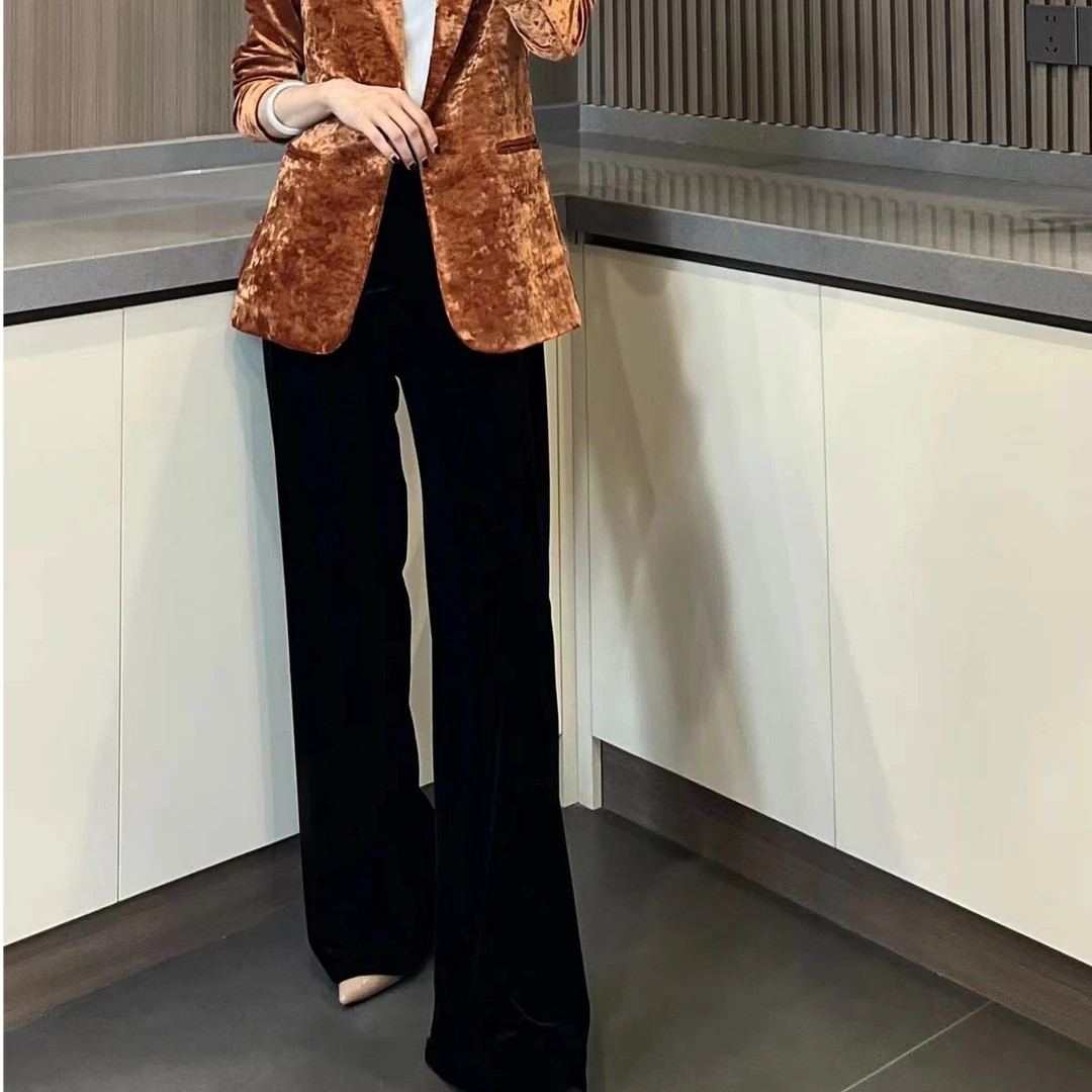 春秋款高腰丝绒阔腿裤女宽松显瘦垂感休闲裤时尚气质