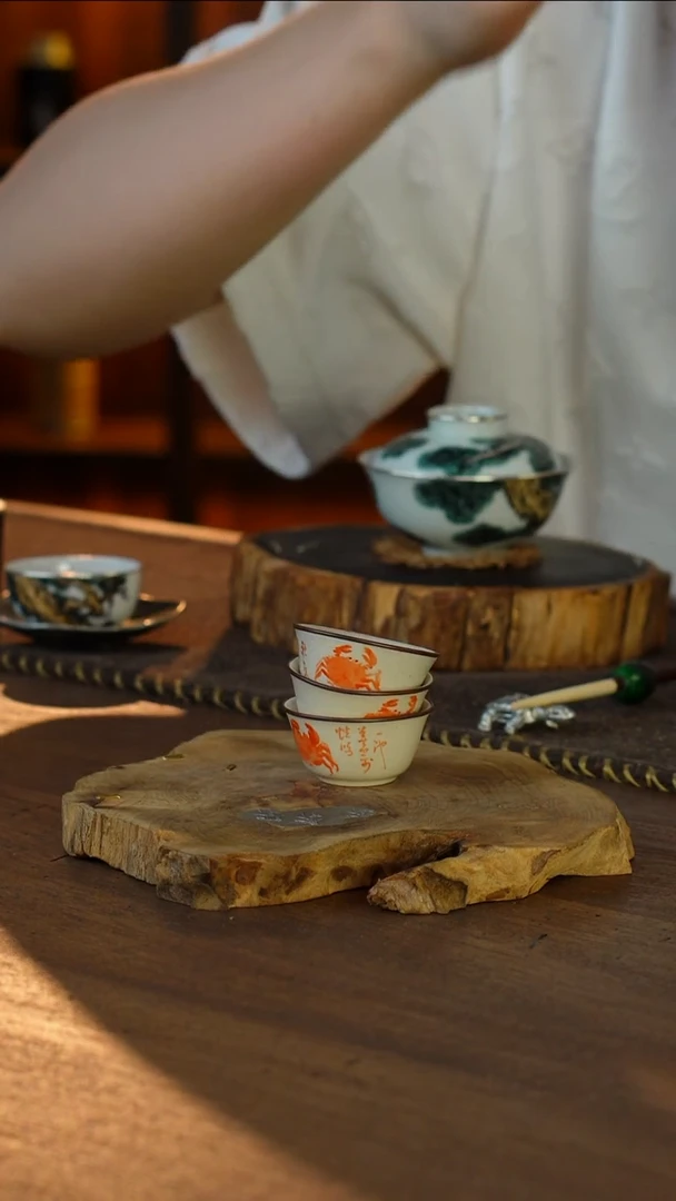 包铜梵红螃蟹一口杯3只款.