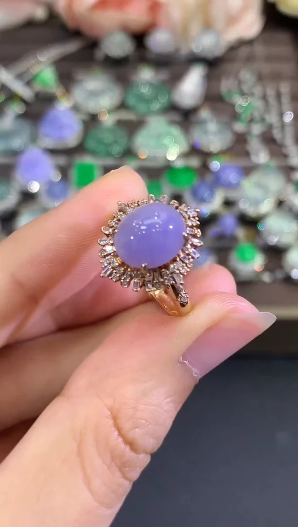 18K金镶嵌戒指翡翠B141  紫货有色差1·