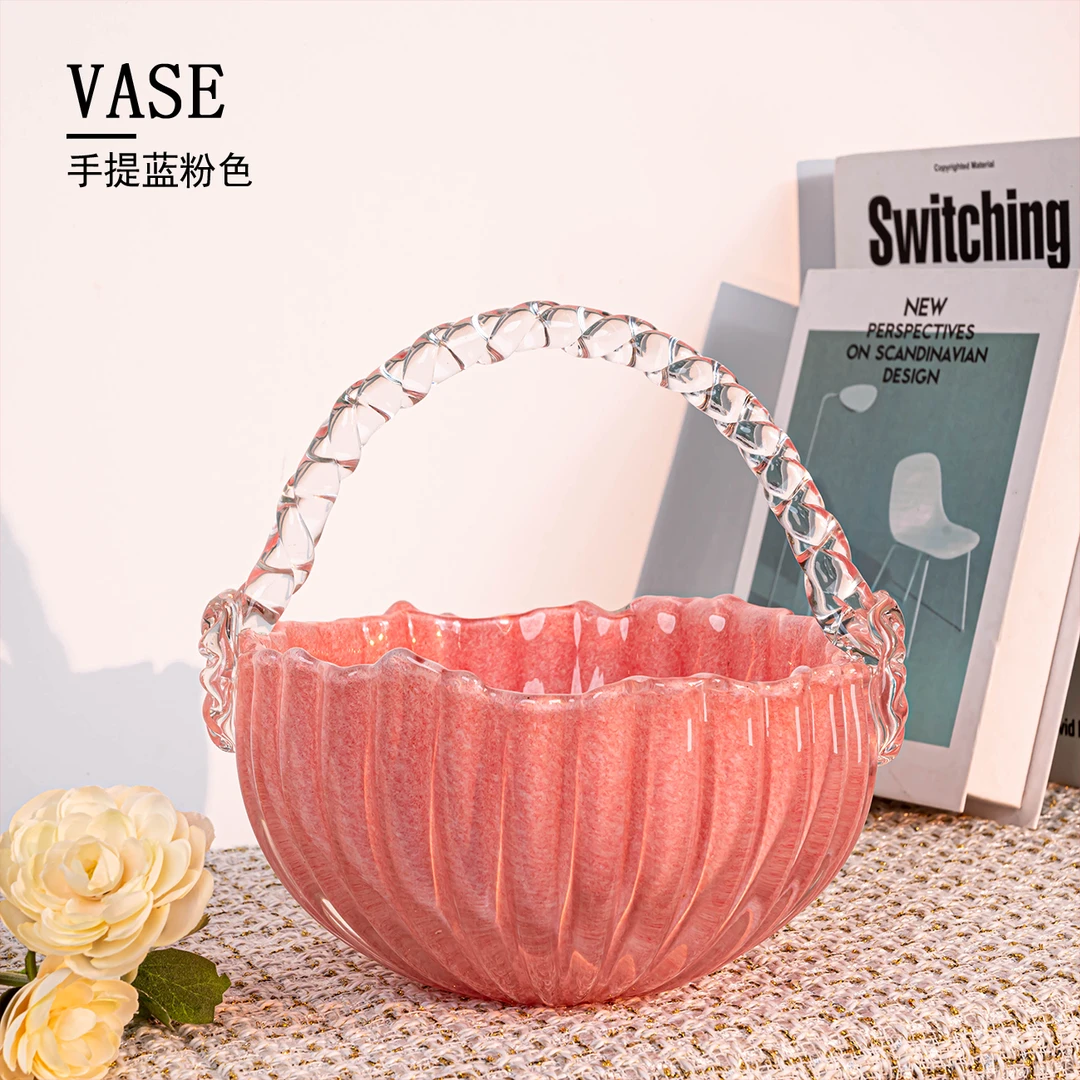 Q389 少女粉圆形提篮水培器皿鲜花花瓶装饰桌面琉璃瓶