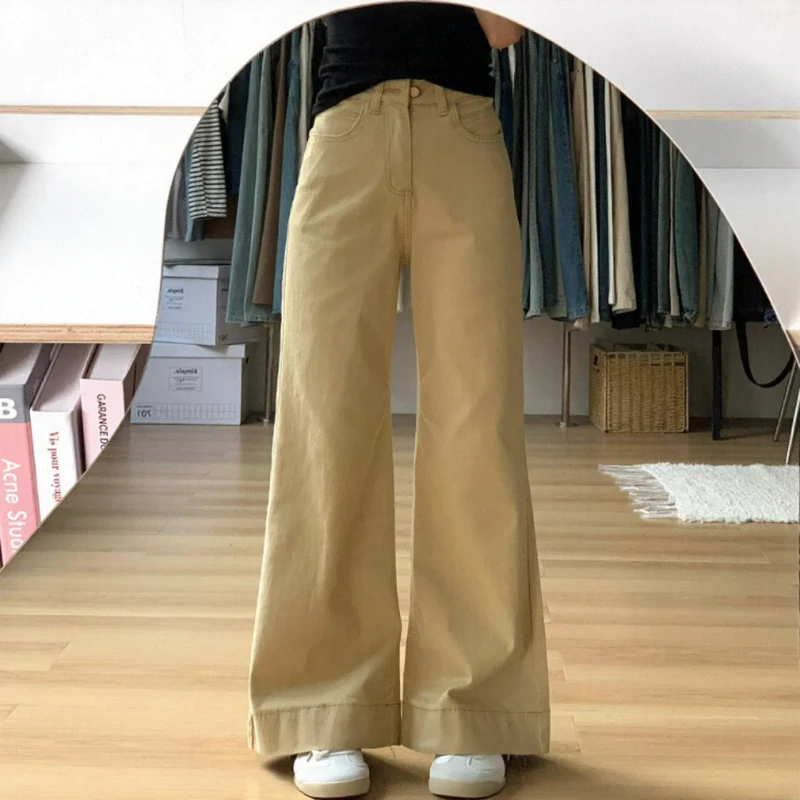 卡其色不贴腿微喇牛仔裤 女 2025秋季新款高腰显瘦梨形身材阔腿裤