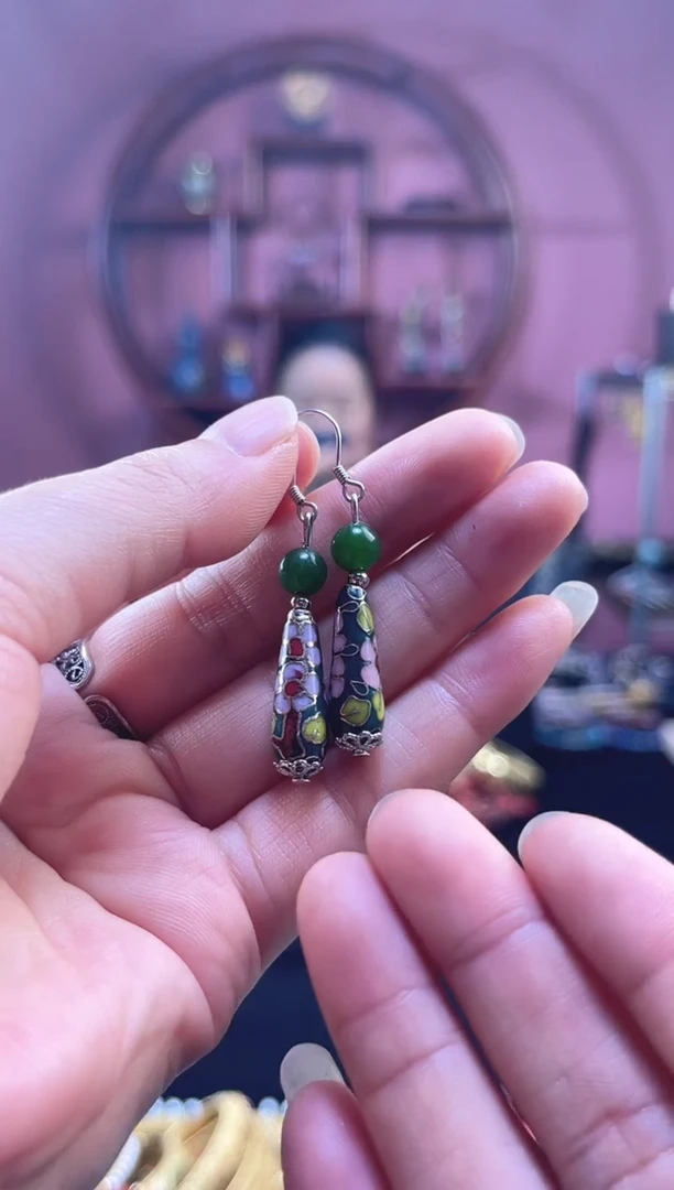 非遗 景泰蓝耳饰 水滴 绿色