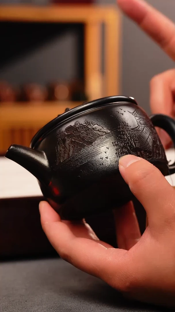 茶壶紫砂古乌泥 汉瓦 刻绘