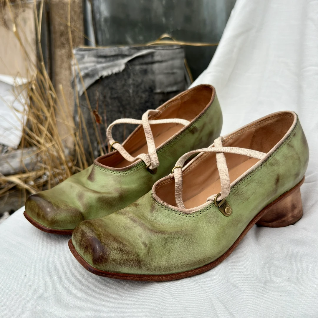 真皮底缝线芭蕾鞋绿色粗跟玛丽珍鞋复古纯色百搭单鞋皮带扣方头