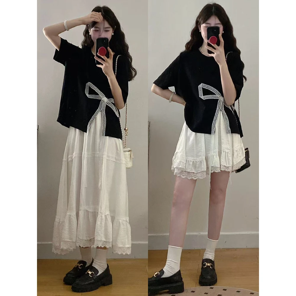 2025夏季大码女装胖mm新减龄遮肉设计感蝴蝶结开叉T恤+花边蛋糕裙