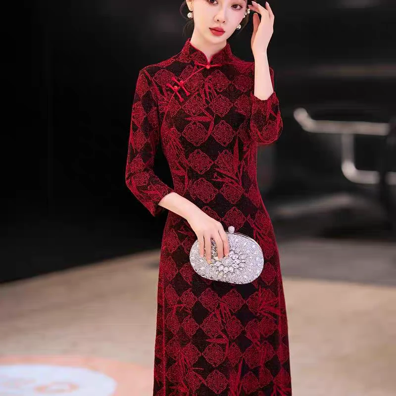 诺妮-弹力亮丝菱格A版旗袍