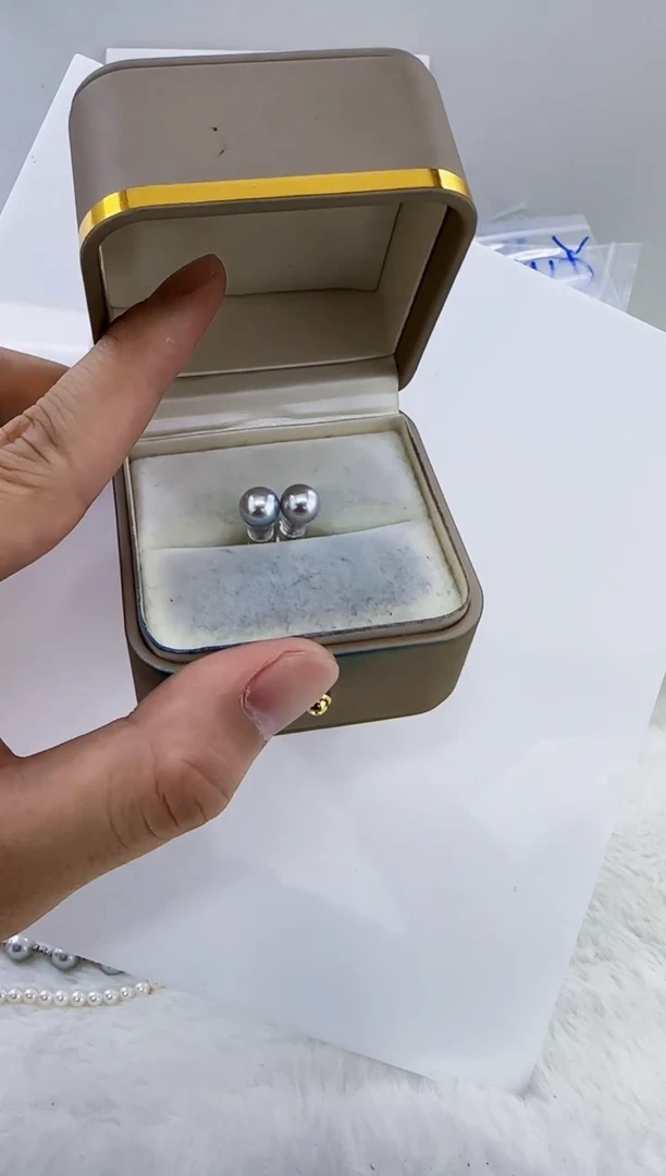 银S925镶嵌海水珍珠DA海水灰珠耳钉7-8 ss203