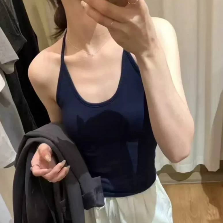 露思同款挂脖吊带背心休闲运动内搭带胸垫工字露背纯欲风百搭上衣