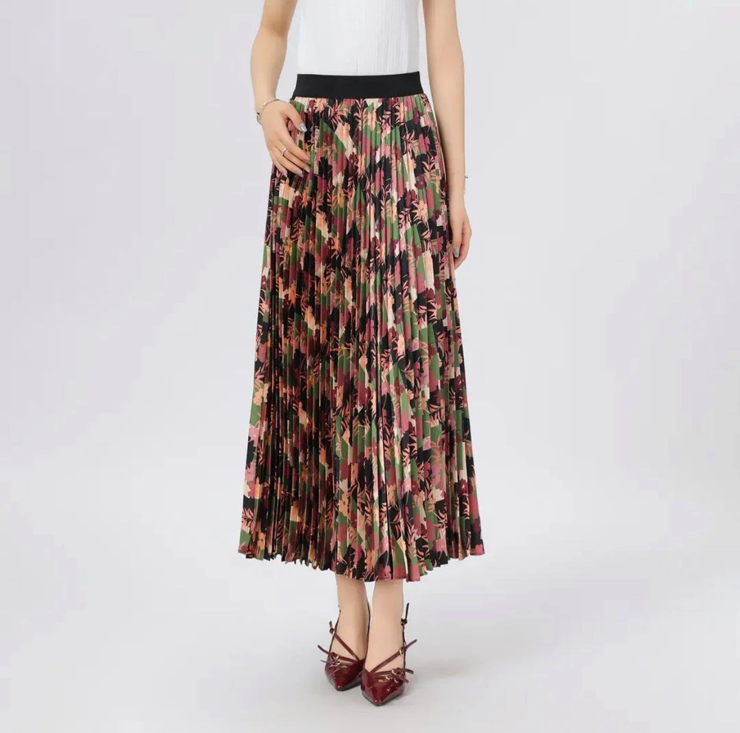 【商场同款】新款压褶半身裙高腰显瘦红枫叶花卉百褶裙1200133