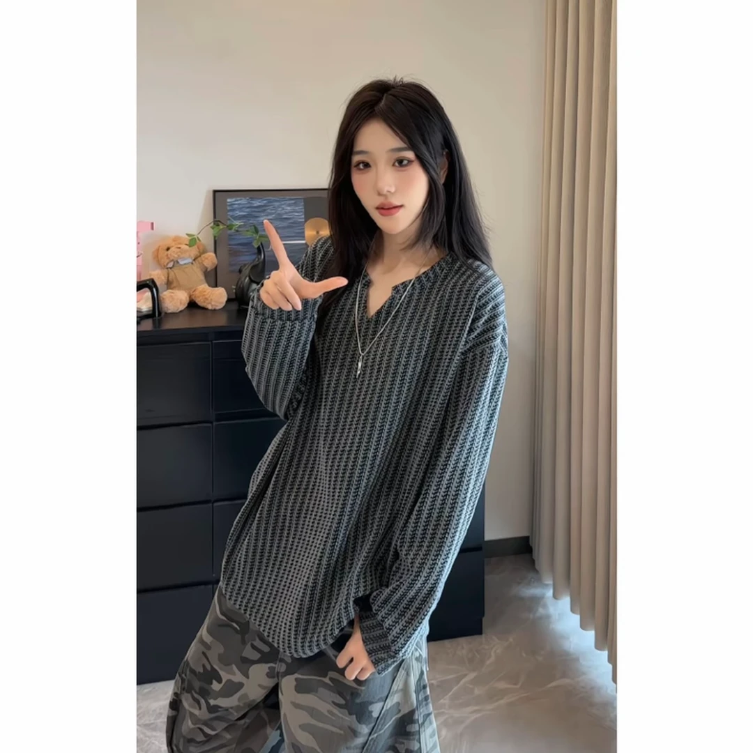 小香风v领长袖t恤男秋季黑白拼色鱼骨纹打底衫松弛感宽松情侣上衣