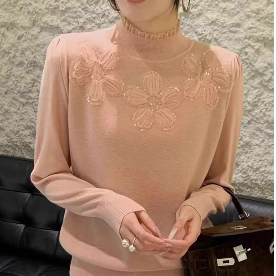 精纺重工温柔蕾丝亮片花朵半高领针织毛衣百搭洋气时尚打底衫