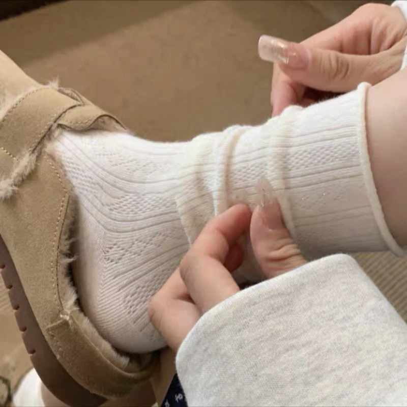 袜子女春夏薄款奶油系卷边暗纹中筒袜日系jk堆堆袜白色透气吸汗